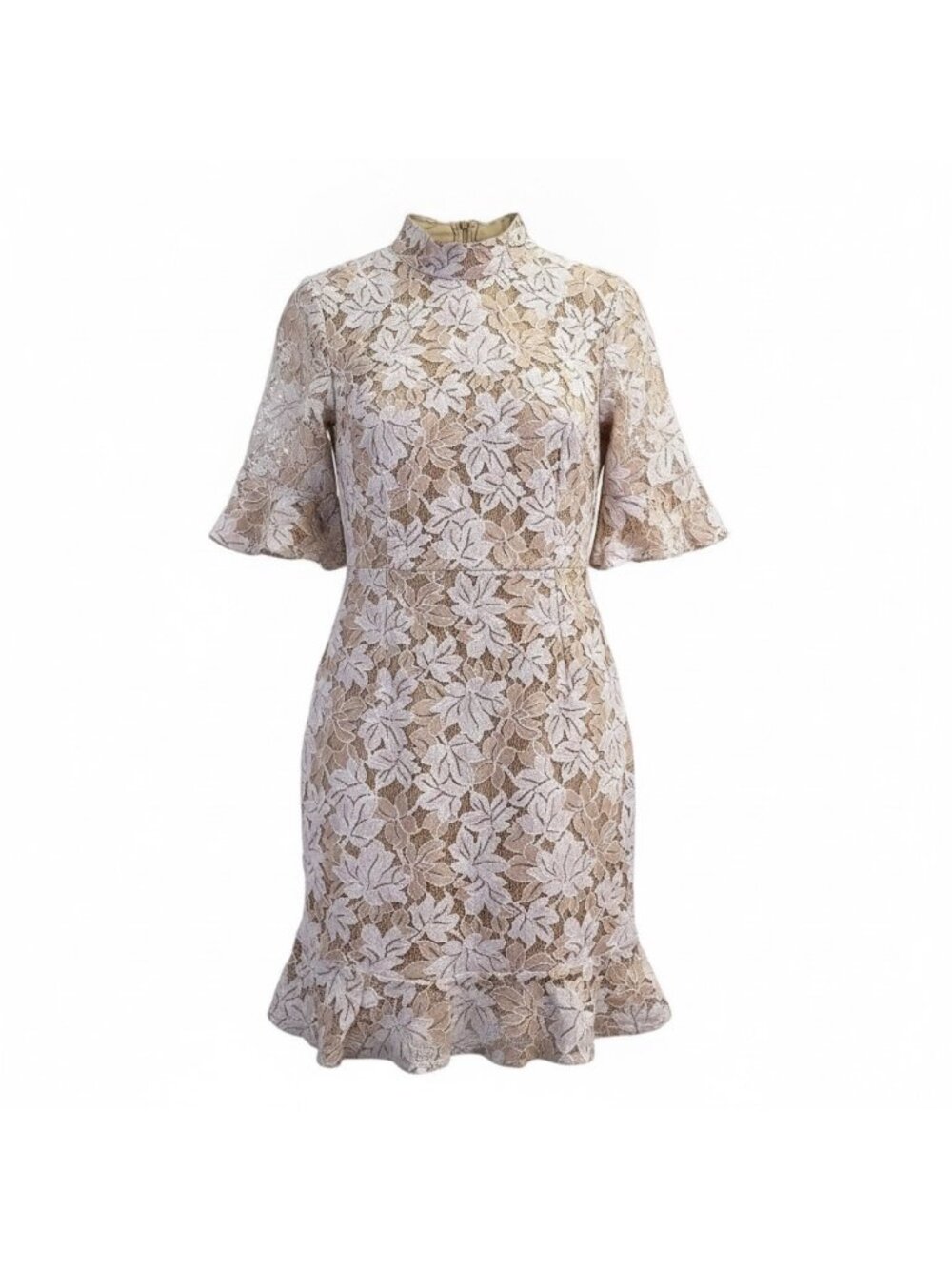 Pretty Little Thing Womens Beige Lace Floral High Neck Mini Dress Size US 6